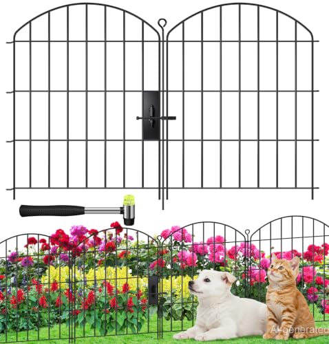 Decorative Garden Fence with gate 24in (H) x16ft (L),Arched Metal No Dig - size: 10 Panels-24in(H) x 16ft(L) with Gate
