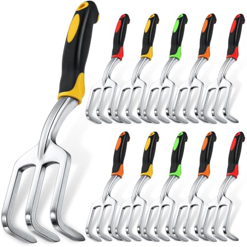 Yaocom 12 Pcs Hand Rake Garden Tool Mini Heavy Duty Garden Cultivator 11 Inch Small Rake Gardening Aluminum Alloy Hand Tiller with Handle for Digging Weeding Loose Soil (Red,Orange,Yellow,Green) - color: Red, Orange, Yellow, Green, style: 3-tine Rake