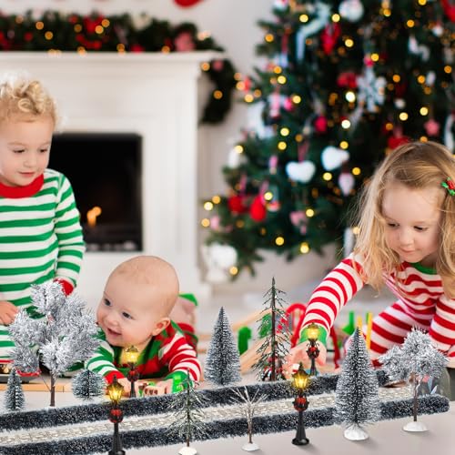Hotop 18pc Christmas Village Accessories 47.2 Inch Village Roads Mini Snowy Trees Streets Light Lamppost Hedge Figurines Set for Display Winter Holiday Decorations DIY Crafts No Batteries(Trendy) - style: Trendy