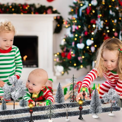 Hotop 18pc Christmas Village Accessories 47.2 Inch Village Roads Mini Snowy Trees Streets Light Lamppost Hedge Figurines Set for Display Winter Holiday Decorations DIY Crafts No Batteries(Trendy) - style: Trendy