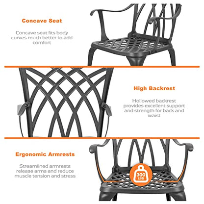 NUU GARDEN 3 Piece Patio Bistro Set, Cast Aluminum Patio Bistro Table and Chairs Set of 2 with Umbrella Hole, Outdoor Bistro Set for Patio or Backyard, Black - color: No Cushion