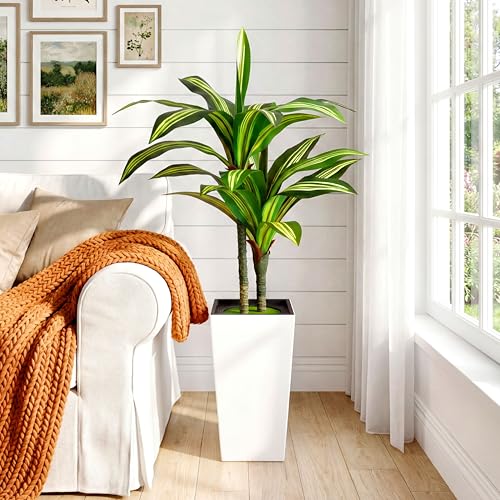 4FT Dracaena Artificial Plant, with White Tall Planter | Fake Tree Indoor,Lifelike Leaves,Leaves Are Easy to Style,Maintenance Free,for Small Rooms, Apartments and Compact Corners - color: White-4ft
