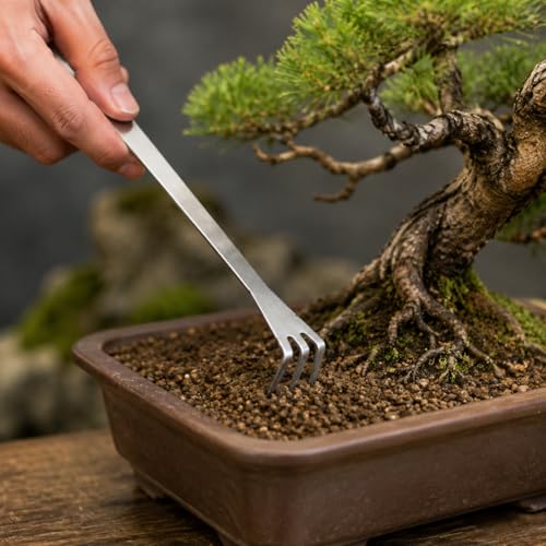 Root Rake,Stainless Steel Loosen Soil Bonsai Tree Tools with Ergonomic Handle Working Comfortably in Garden