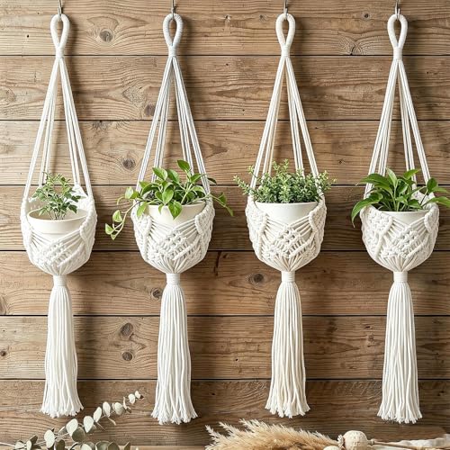 Hanging Planter with Patterns, Macrame Plant Hangers Indoor Macrame for up to 8 inch Pot Crochet Boho Plant Hanger Holder for Indoor Outdoor (White, 90cm) - color: White