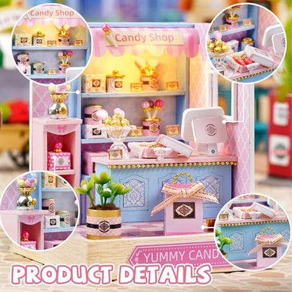 Kisoy Dollhouse Miniature with Furniture Kit, DIY 3D Wooden DIY House Kit with Dust Cover,Handmade Tiny House Toys for Teens Adults Gift (Yummy Candy) - color: Yummy Candy