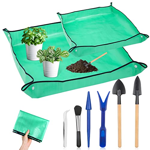Plant Repotting Mat for Garden, 2 Pcs Waterproof Potting Mat Foldable Indoor Plant Mats Portable Square Gardening Mat Potting Tray with 6 Pcs Mini Garden Tools Set for Plant Lovers Gardening Gifts - color: Green 2Pcs Repotting Mats