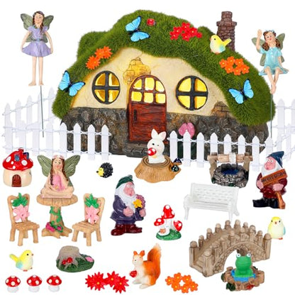 Suzile 50 Pcs Solar Fairy House Garden Accessories Light up Flocked Fairy House Garden Kit Green Resin Miniature Mushroom Figures Micro Landscape Ornament(Stone House)