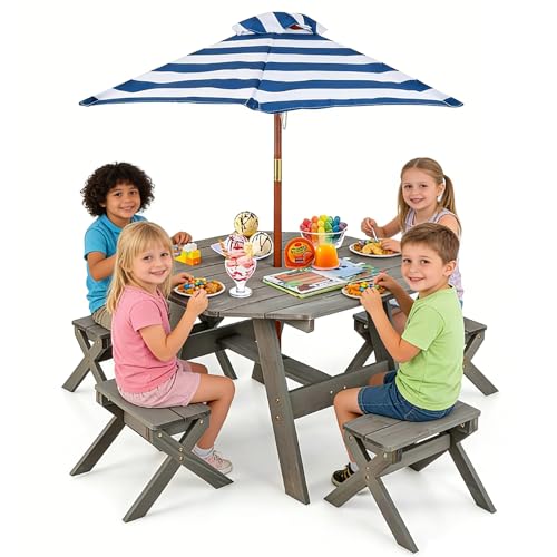 HONEY JOY Kids Picnic Table, Fir Wood Octagon Table & 4 Stool Set, Stripe Fabric Umbrella, Toddler Picnic Table for Outdoors, Children Backyard Furniture for Patio Garden(Gray) - color: Grey, size: Octagon Table