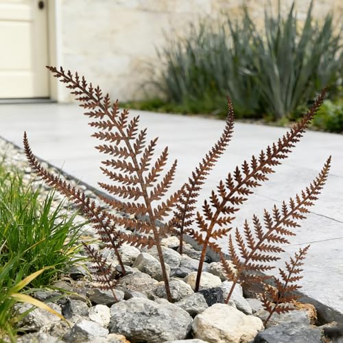 KODIBO 7-Pack Decorative Metal Garden Stakes, Rustic Fern Outdoor Yard Art | Weather-Resistant Metal, Vintage Rust Finish, Mixed Size Fern Stakes, Wall Decor, Yard Ornaments, Gifts for Garden Lovers - color: Rusty Fern: 7-pack
