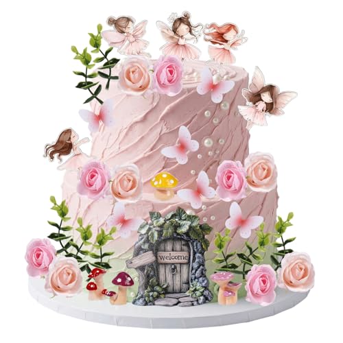 Fairy Cake Toppers Set, 42 Pieces Flower Fairy, Butterfly, Mushroom, Garden Door Cake and Cupcake Decorations for Girls Birthday, Forest Party Supplies