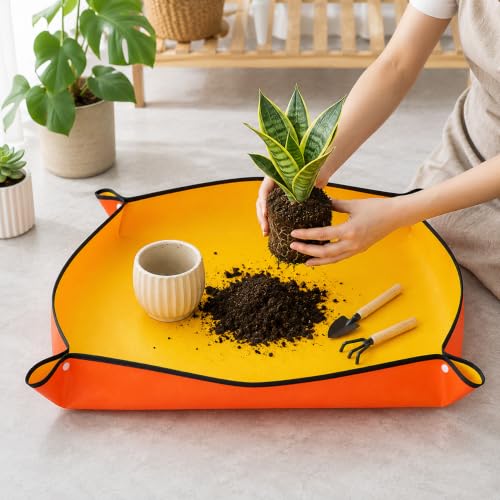 Waterproof Plant Repotting Mat for Indoor Gardening,Foldable Potting Mat,13" x 13" Square Transplanting Pad with Copper Buckles for Mess Control,Orange - color: Orange, size: 13" x 13"