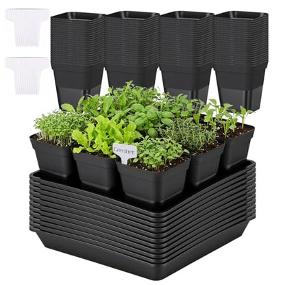 GREANER 12 Inch Sturdy Seed Tray 11PCS, 4 Inch 100PCS Flexible Square Nursery Pots with Drainage Holes, Plant Germination Trays for Plants, Succulent, Flower, 20PCS Plant Labels(Black) - size: 4" Pots-100PCS + 12" Trays-11PCS