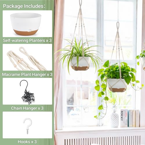 Mkono 3 Pack 10 Inch Hanging Planters for Indoor Plants with Self Watering