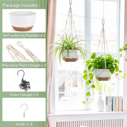 Mkono 3 Pack 10 Inch Hanging Planters for Indoor Plants with Self Watering
