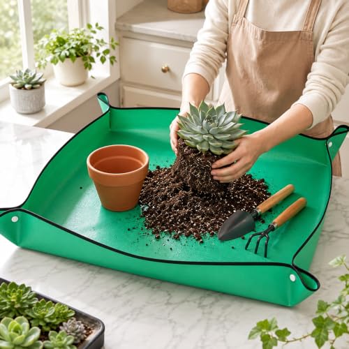 Waterproof Plant Repotting Mat for Indoor Gardening, Foldable Potting Mat, 26"x26" Square Transplanting Pad with Copper Buckles for Mess Control,Green - color: Green, size: 26"x26"