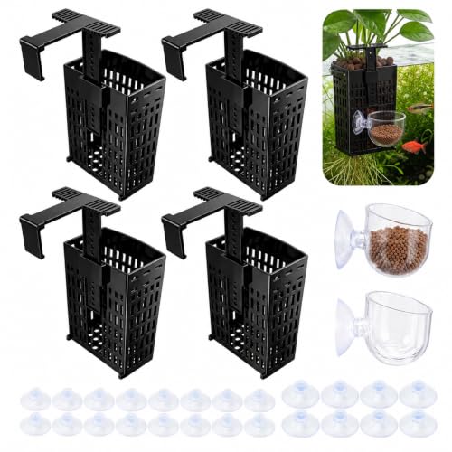 4 Pcs Hanging Aquarium Plant Holder with Feeders, Adjustable Height Fish Tank Plant Holder with Extendable Hook and Suction Cup, Pothos Aquarium Plant Holder for Aquaponic Plants and Decoration(Black) - color: Black