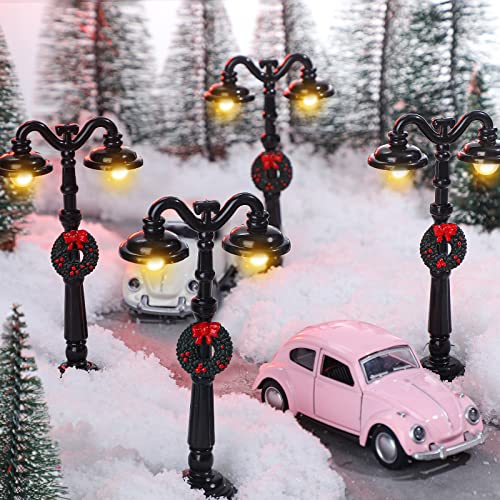 Mudder 4 Pcs 4 Pcs Christmas Miniature Village Lamp Post Light, Vintage | Vintage Lantern for Dollhouse Pathway, Train Layout, Lighted Black Design with Wreath, Fairy Garden Tabletop Accessory - color: Vintage Style