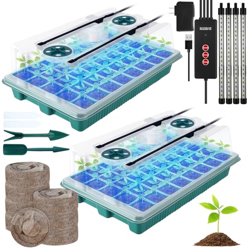 FillTouch 2 Packs 80 Cells Seed Starter Trays Kit with 4 Grow Light Seed Starter Kit Seedling Starter Trays with Humidity Dome and 80 Pcs Peat Pellet for Garden Seeds Propagation Seedlings