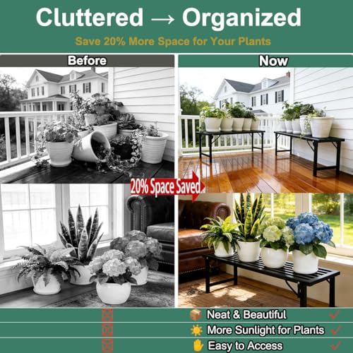 Foldable Plant Stand, No Assembly Heavy Duty Iron Plant Shelf, Rustproof Single Tier Plant Rack for Indoor Outdoor, Long Narrow Flower Stand for Patio Balcony Garden Living Room, L33" xH11.7"x W9.7" - size: L33”xH11.7"xW9.7"