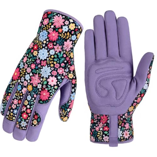 Gardening Gloves for Women, Breathable Leather Garden Gloves,Gardening Gift | Gardening Gift for Lady, Thorn-Proof Puncture-Resistant Work Gloves for Weeding, Digging, Planting Yard Farm and Outdoor Work - color: Purple - Flower