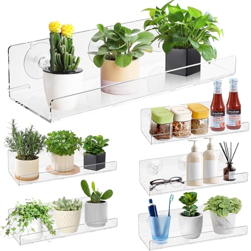 Windproof Window Plant Shelves 6 Pack - 15" Suction Cup Floating Shelf Set for Indoor Plants, Herb Gardens, Books & Decor, Bathroom and Kitchen Space-Saving Wall-Mounted Clear Acrylic Sill Extender