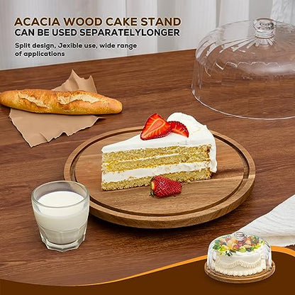 Cake Stand with Lid, Rotating Cake Holder with Dome, Wood Lazy Susan with Cover, Cake Stand for Party,Birthday,Parties,Baking Gifts(12 Inch with Dome)