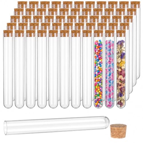 55 Pcs Plastic Test Tubes with Cork Stoppers, 35 mL Plastic Test Tubes, 0.8 x 6.1 in Propagation Tube Round Bottom Tube for Bath Salt, Candy, Beads, Powder, Party Favors and Lab Storage