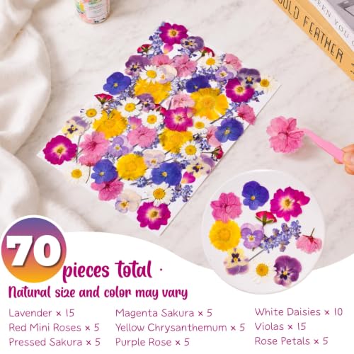70-Piece Edible Pressed Flowers, 11-Kind Cake Topper and Cocktail Mix | Food-grade Flowers, viola, rose, lavender, sakura, calendula and daisy for cocktails, desserts, garnishes and crafts.