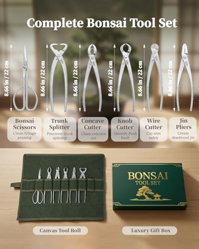 6-Piece Bonsai Tools Set with Tool Roll Bag and Luxury Gift Box | Heavy Duty Bonsai Tree Kit, Include Concave Cutter, Knob Cutter, Trunk Splitter, Bonsai Scissors, Wire Cutter, Jin Pliers