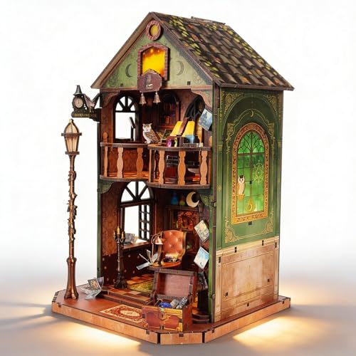 Book Nook DIY Miniature House Kit, 3D Wooden Puzzle Coffee House Dollhouse with Light & Tools, Creative Bookshelf Insert Craft Gifts for Adults Teens (Owl Library) - color: Owl Library