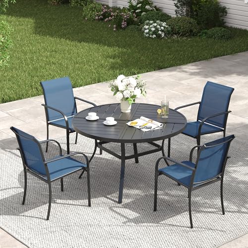VICLLAX Patio Table and Chair Set of 4, All Weather Metal Round Outdoor Dining Furniture Set-40.6" Round Outdoor Table and Chairs, Black Tabletop - color: Black Table/Blue Chairs, size: Table-40.6"x 28"