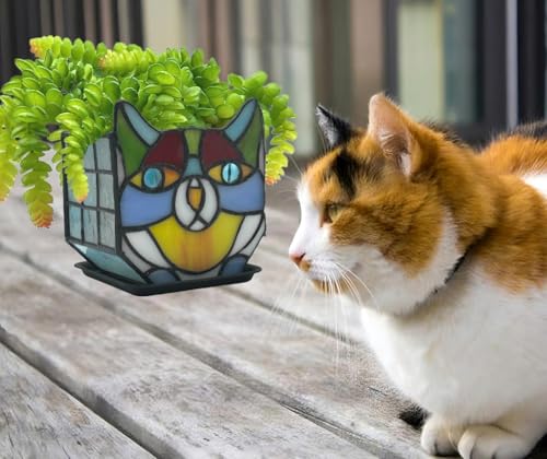 Tiffany Stained Glass Cat Planter,Indoor and Outdoor Plant Displays,Succulent Cat Pot,Plant Gifts for Women,4.6x5.15x3 in (Without Succulents) - color: Yellow—purple