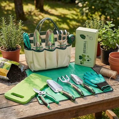 10PCS Heavy-Duty Garden Tools Set for Beginners - Rust-Proof Aluminum Garden Kit with Soil Tester, Repotting Mat & Kneeling Pad, Perfect Gardening Gift for Women, Mom & Beginners