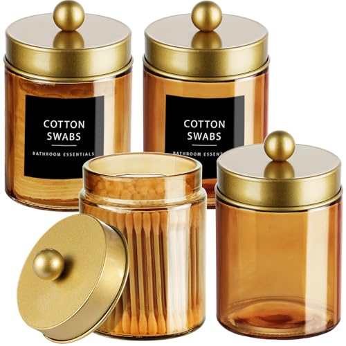 Amolliar Bronze Amber Glass Apothecary Jar, Qtip Holder Bathroom Gold 4Pack | Bathroom Canister With Metal Lid, Q tip Dispenser Holder for Cotton Balls, Cotton Swabs, Floss Picks, Vanity Makeup Organizer - color: Gold, size: 4 Pack