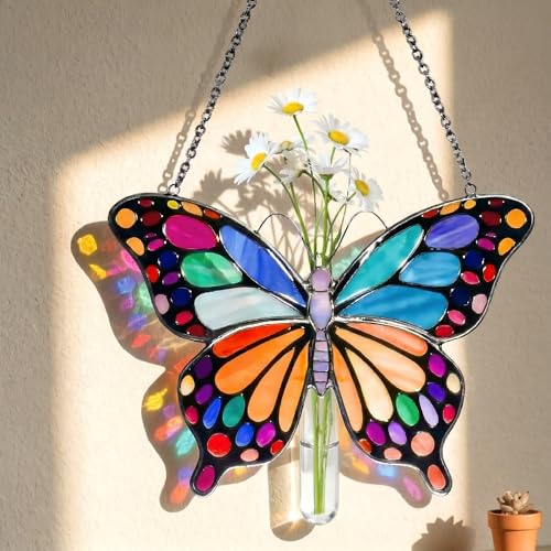 Butterfly Stained Glass Suncatcher with Test Tube Vase – Handmade Window Hanging Decor, Unique Handcrafted Birthday Gifts for Women, 7.87" x 5.9" - size: Large (7.87" x 5.9")