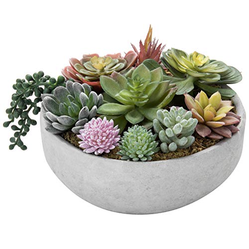 MyGift 8 Inch Round Artificial Succulent Plants in Gray Concrete Plant Bowl - color: Grey
