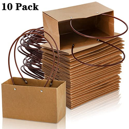 DEAYOU 10-Pack Kraft Paper Flower Gift Bags, Brown Bouquet Bag Box with Handle, Small Brown Paper Carrier Tote Bags with Waterproof Lining for Floral Arrangements, Party Favor, Ultra Thick