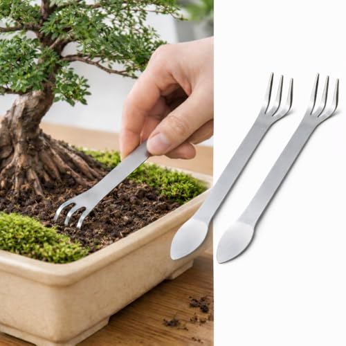 Stainless Steel Bonsai Rake Tool, 3-Prong Mini Root Soil Loosening Pick, Heavy Duty Hand Rake for Soil Aeration, Repotting & Root Care, Lightweight Garden Precision Tool (2 Pack)