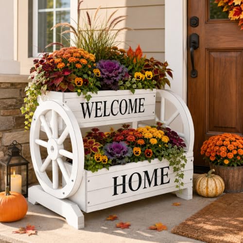 24" White 2-Tier Wooden Flower Cart Wagon Planter with Wheels | Whitewashed wood planter with 2 tiers, drainage holes, liner, wagon wheels, and WELCOME HOME detail for porch or patio - color: Wagon Planter Box-washed White Color