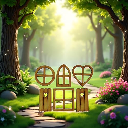 6Pcs Wooden Fairy Garden Door, Blank Door Fairy House Doors and Windows Ornaments Tree Statues for Tree Trunk Yard Decoration Miniature Garden Buildings and Structures Garden Sculptures and Statues