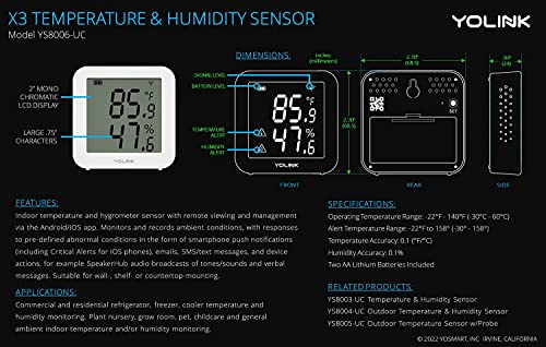 YoLink X3 Version Temperature & Humidity Sensor, Supports App Real-Time Data Refresh, Alexa, IFTTT, Home Assistant Integration - YoLink Hub Included