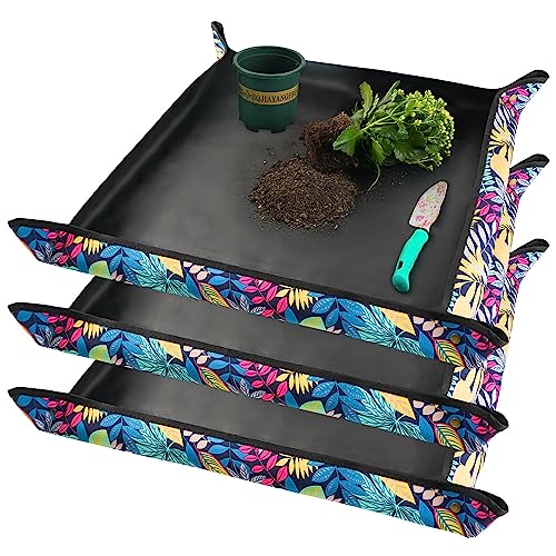 3PCS 29.5" x 29.5" Repotting mat for House Plant Care and Dirt Spill Control Portable Potting Tray - color: 3 Pcs Colorful Leaf Print, size: Medium 29.5" X 29.5"