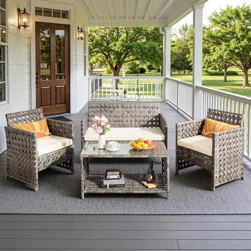 4-Piece Patio Furniture Set, All Weather Rustic Wicker Bistro Set, Outdoor Sofa Loveseat Chairs with Glass Table Conversation Sets for Balcony Porch Lane Garden, Beige - color: Beige