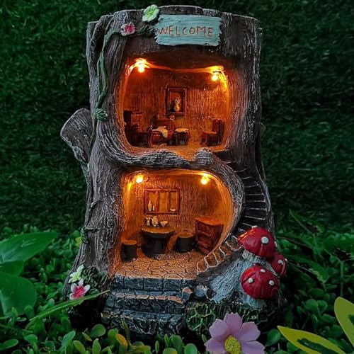 Solar Light Fairy Tree House - Fun Natural Figurine Sculpture with Solar LED Lights for Indoor Outdoor Art Decorations, Patio Yard Lawn Ornaments Gift - color: A