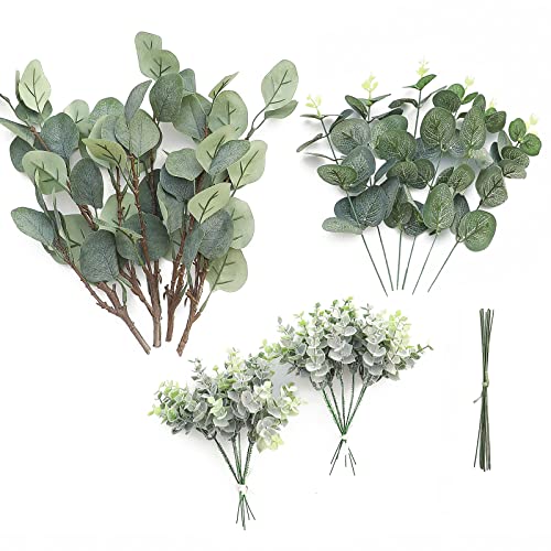 3 Kinds of Artificial Silver Dollar Eucalyptus Stems Faux Greenery Spray, 19pcs Best Filler Fake Plants for DIY Bouquet Wedding Centerpieces - color: 3 Kinds of Eucalyptus