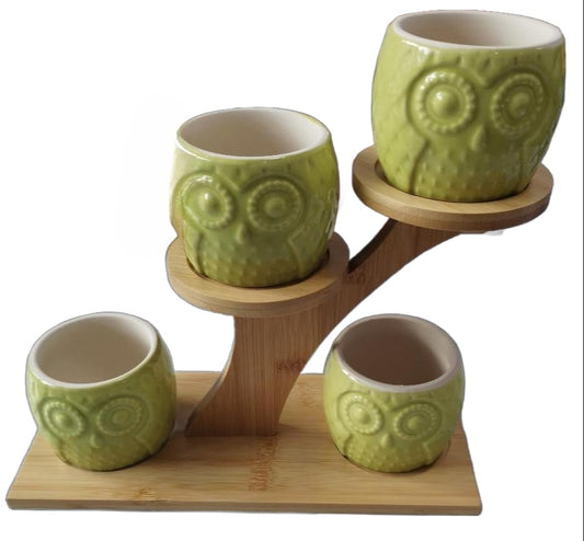Blisse Ceramic/Wood Decorative Owl Planter for Succulents, Cactus, and Other Small Flowers, Set of 4 Same Colored Owls (Green) - color: Green