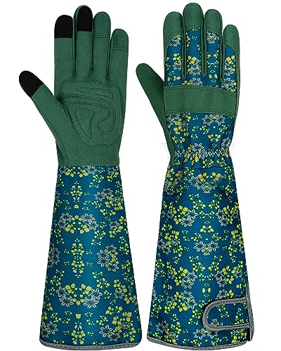 Long Gardening Gloves for Women Thorn Proof Leather Garden Gloves Breathable Working Gloves for Women Yard Outdoor - color: Dark Green-large