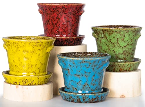 Succulent Pots, 4.2 Inch Small Flower Pots with Drainage | Ceramic Pots for Indoor Plants Cactus Bonsai Planters Set of 4 - color: Blue/Green/Red/Yellow