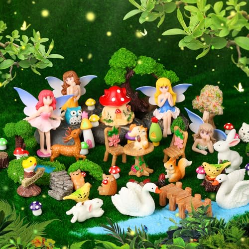 52pcs Fairy Garden Accessories Fairy Garden Kit Mini Fairy Figurines Tiny Garden Decor Supplies Micro Landscape Mushroom House Fairy Animals Decor Outdoor Figures Ornaments