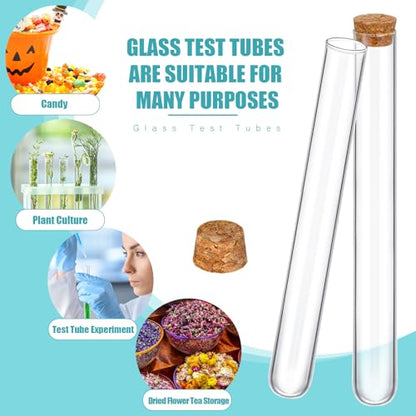 Thyle 100PCS Glass Test Tubes with Cork Clear Stoppers Round Bottom Lab Test Alcohol Tampons Glass Tubes Container Vials for Plants Scientific Experiments Candy Storage Party Favors (20x200mm/44ml) - size: 20x200mm/44ml
